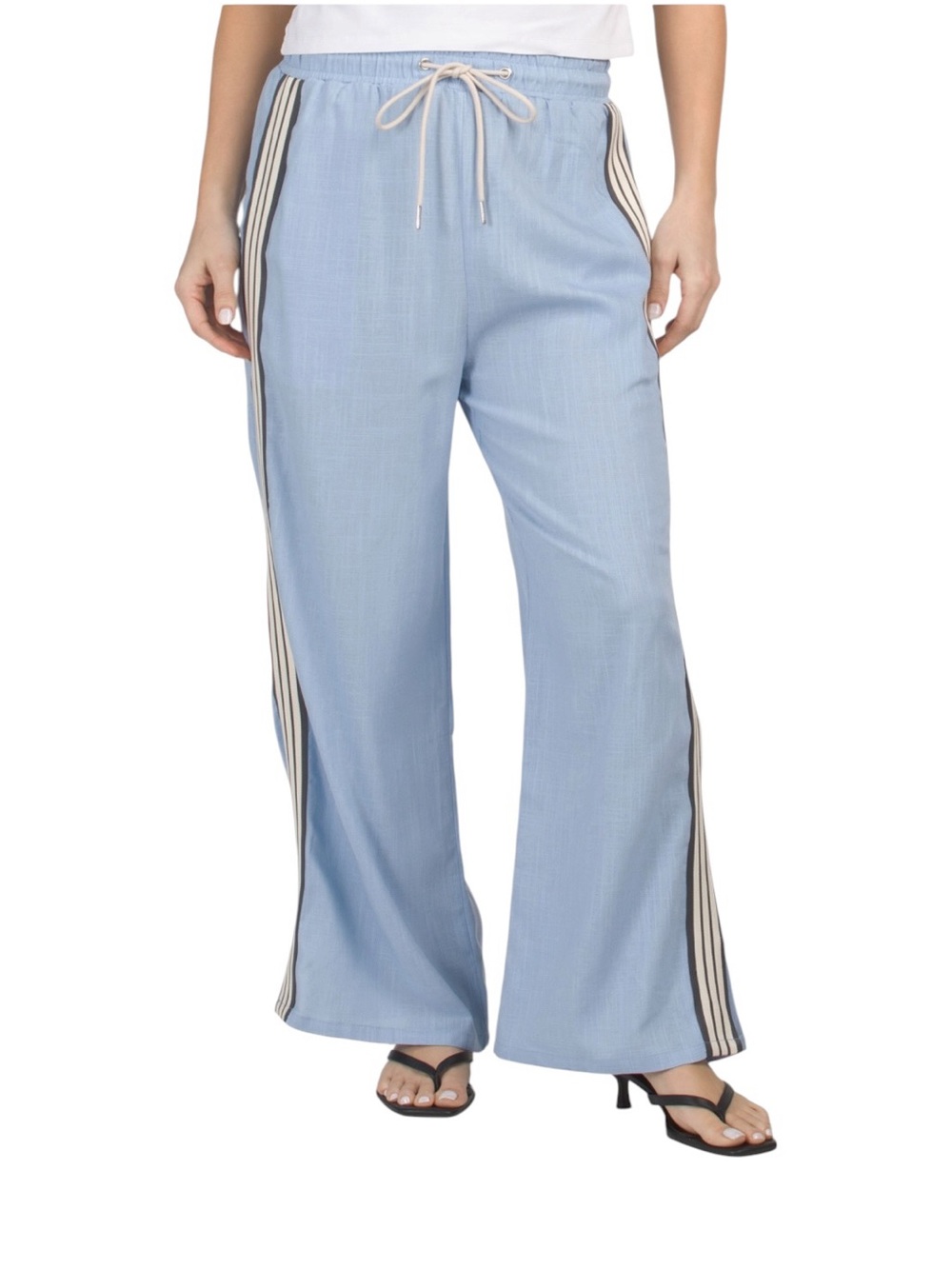 White Closet Wide-Leg Drawstring Pants with Side Stripe